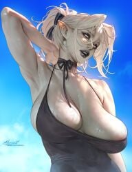 areola_slip areolae armpits black_lipstick breasts busty eyelashes eyeshadow female goth goth_girl hair_ribbon large_breasts lerapi lipstick original_character pale-skinned_female pale_skin pointy_ears sweating veiny_breasts white_eyes white_hair