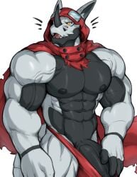 2025 abs absurd_res anthro areola bandai_namco barazoku barely_contained barely_contained_penis biceps big_bulge big_muscles big_penis bulge cape clothed clothing deltoids digimon digimon_(species) emanata erection erection_under_clothing eyewear eyewear_on_head genitals goggles goggles_on_head hackmon hand_on_penis hi_res hood horn huge_bulge huge_cock huge_muscles humanoid_genitalia humanoid_penis male mixterart muscular muscular_anthro muscular_male narrowed_eyes navel nipples non-mammal_nipples pecs penis scalie serratus simple_background smile solo standing teeth tenting thick_arms thick_penis thick_thighs thong topless topless_anthro topless_male underwear vein white_background