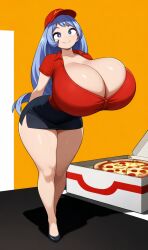ai_generated blue_eyes busty cleavage hadou_nejire huge_breasts long_hair my_hero_academia nejire_hado pizza purple_hair thick_thighs