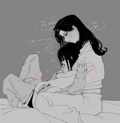 2girls between_legs blush breasts clothes_pull commentary_request fingering flffy11 greyscale highres korean_commentary korean_text long_hair long_sleeves lying_on_lap monochrome multiple_girls nipples on_bed original panties pants pants_pull panty_pull parted_lips reach-around shirt small_breasts smile speech_bubble sweat translation_request underwear yuri