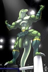 anthro audience balls big_penis blep claws disney ducktales ducktales_(2017) fighting_ring foreskin genitals group hi_res iudicium86 jormungandr_(ducktales) male muscular penis plantigrade public reptile saggy_balls scalie snake solo tongue tongue_out wrestler