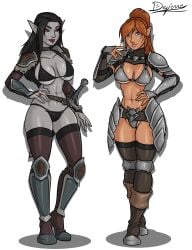 2girls abs belt bikini_armor black_bikini black_hair blue_eyes breton brown_hair dark_elf dunmer elf elf_ears female_only g_string grey_markings grey_skin half_elf jenassa lesbian lesbian_couple lingerie m'ric markings original_character pointy_ears red_eyes scar scar_on_face skimpy skyrim stockings sword tan_skin thong war_paint wedding_ring