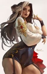 lerapi orange_eyes original_character posing tan_skin thighs two_tone_hair