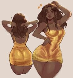 1girls back_view beauty_mark brown_eyes brown_hair brunette_hair dark-skinned_female dark_skin dress gold_dress golden_dress grand_theft_auto grand_theft_auto_vi hand_on_head hand_on_hip hoop_earrings lucia_caminos mole_under_mouth solo solo_female thick thick_thighs widisu