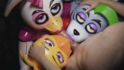 avian beak beakjob bird blowjob chica_(fnaf) foursome glamrock_chica_(fnaf) gretdb light-skinned_male lipstick penis roxanne_wolf_(fnaf) wolf