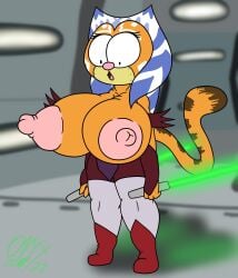 1girls ahsoka_tano alternate_version background barely_clothed big_breasts big_nipples blurred_background blurry_background boots bracers breast_focus breasts breasts_bursting_out breasts_out breasts_outside bursting_breasts bursting_out_of_clothing cat_humanoid cat_nose cat_tail catgirl cleavage clothes clothing color colored copyright_request detailed_background dual_wielding erect_nipples eyelashes eyes_wide_open female female_focus female_only focused front_view fur fusion fusion_character garfield_(series) garfield_the_cat hair laser laser_beam leggings lightsaber long_hair looking_at_breasts looking_at_self looking_down mad_(series) nipples nipples_out nipples_outside onyx_twilight orange_fur pew practically_nude revealing_clothes spacecraft spaceship_interior standing star_wars sudoku_(mad) surprised surprised_expression text togruta topless weapon weapons