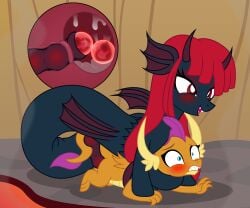 absurd_res badumsquish blue_eyes blush chokehold clenched_teeth demon demon_pony dragon duo ear_fins egg egg_implantation egg_in_pussy eyeshadow fan_character fangs female feral fin friendship_is_magic futanari genitals grey_body hasbro hi_res intersex intersex/female long_hair makeup membrane_(anatomy) membranous_wings monster my_little_pony mythological_creature mythological_scalie mythology orange_body oviposition ovipositor ovipositor_penis penetration penis pupils red_eyes red_eyeshadow red_hair scalie sharp_teeth slit_pupils smile smolder_(mlp) teeth vaginal_penetration wings x-ray