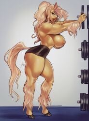 absurd_res anthro big_breasts blonde_hair bottomwear breasts clothed clothing equid equine feathering female fetlocks fur furlana furry gym hi_res hooves horse huge_breasts mammal muscular muscular_anthro muscular_female original original_character shirtless shorts side_view sideboob small_waist solo standing tan_body tan_fur thick_thighs topless weights