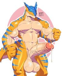2025 5_fingers absurd_res anthro balls big_balls big_penis biped blue_eyes blue_stripes bodily_fluids capcom circumcised cum cum_string_offscreen erection fingers fist flying_wyvern foreskin front_view genital_fluids genitals hi_res humanoid_genitalia humanoid_penis leaking_cum male male_anthro markings monster_hunter mouth_closed muscular muscular_anthro muscular_arms muscular_male nude penis retracted_foreskin saggy scales scalie sharkboi simple_background solo standing striped_arms striped_legs striped_markings striped_tail stripes tail tail_markings tigrex vein veiny_arms veiny_balls veiny_penis white_background yellow_body yellow_scales