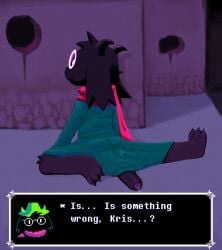 absurd_res anthro ass big_penis black_body black_fur bodily_fluids bottomless bovid bulge caprine claws cloak clothed clothing darkner deltarune dialogue digital_media_(artwork) english_text erection eyewear femboy foreskin fur genital_fluids genitals glasses goat hi_res huge_cock kneeling lolpiss looking_back male mammal nude oblivious offscreen_character open_mouth outside penis penis_backwards penis_between_thighs precum precum_on_ground presenting presenting_hindquarters ralsei ralsei_with_black_fur rear_view scarf smile solo tasteful_nudity text undertale_(series) unretracted_foreskin