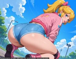 ai-created ai_generated ass ass_focus bangs blonde_hair blue_eyes blue_shorts blue_sky blush boots bow breasts clothing cloud crown day denim denim_shorts earrings female female_only footwear from_behind hair_ornament hairbow headwear huge_ass jacket jewelry large_ass large_breasts legwear lips long_hair long_sleeves looking_at_viewer looking_back makeup mario_(series) outdoors parted_lips pink_bow pink_footwear pink_jacket pink_lips ponytail power_lines princess_peach shiny shiny_skin shirt shoes short_shorts shorts sky smile sneakers solo sphere_earrings squatting standing super_mario_bros. thick_thighs thighs tied_hair tree wodstudio