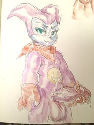 anthro apis balls bandana big_balls big_penis clothing digimon dripping erection gloves grin holding_penis humanoid_penis impmon looking_at_viewer male_only penis precum traditional_media_(artwork) uncut vein veiny_penis watercolor_(artwork)