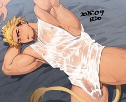 1boy animal_ears arm_behind_head arms_up bara beard_stubble biceps blonde_hair blonde_hair_male blonde_male blush covered_penis earrings gay gay_male goatee highres jewelry lion_tail lying male male_focus multicolored_hair muscular muscular_male nipples original penis rio_mukiniki see-through_clothes see-through_shirt shirt single_earring solo stubble sweat tail thick_eyebrows two-tone_hair wet wet_clothes yaoi yellow_eyes