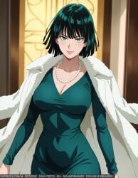 ai-created ai_generated bangs black_hair breasts clavicle cleavage closed_mouth clothing coat covered_navel dress female female_only fubuki_(one-punch_man) fur fur_coat fur_trim green_dress green_eyes green_hair high_resolution indoors jacket jewelry large_breasts lips long_sleeves looking_at_viewer navel necklace one-punch_man open_clothes pearl pearl_necklace short_hair smile solo taut_clothes taut_dress wodstudio