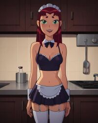 2025 ai_generated belly black_necktie cartoon_network dc_comics dc_super_hero_girls dcau green_eyes instagram kitchen maid_dress maid_headband maid_outfit maid_uniform meta not_porn open_mouth orange_body orange_skin red_eyebrows red_hair red_lipstick sexy.ai sexy_body sexy_dress sexy_female sexy_girl starfire_(teen_titans) teen_titans tummy unknown_artist white_necklace white_sleeves