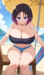 ai_generated beach bikini black_hair blue_eyes curvy elma_(dragon_maid) gigantic_breasts huge_breasts miss_kobayashi's_dragon_maid thick_thighs two_tone_hair