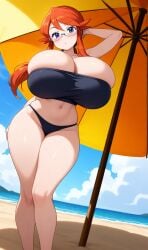 ai_assisted ai_generated beach bikini curvy glasses huge_breasts long_hair lorelei_(pokemon) pokemon red_hair thick_thighs