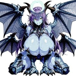 4_wings ai_generated blue_body blue_scales claws dragon_girl gold_eyes halo horns huge_breasts long_hair monster_girl purple_hair re:zero_kara_hajimeru_isekai_seikatsu sweat volcanica_(re_zero),
