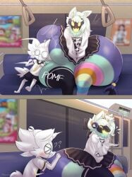 2025 2_horns anthro ass big_butt black_bottomwear black_clothing black_legwear black_shorts black_skirt black_thigh_highs blue_body blue_fur blush bottomwear canid canine clothing deliciousq dq_(deliciousq) duo embarrassed english_description eyewear femboy fennec_fox fox front_view fur gesture glasses hair hand_gesture hi_res hoodie horn laugh legwear machine male mammal multicolored_clothing multicolored_legwear multicolored_thigh_highs open_mouth protogen round_glasses shirt shorts sitting size_difference skirt sound_effects subway tail text thick_thighs thigh_highs topwear true_fox wearing_glasses white_body white_clothing white_fur white_hair white_hoodie white_shirt white_topwear wide_hips