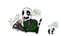 alternate_universe annoyed big_ass blush cum_on_face cum_on_mask doll doll_joints female five_nights_at_freddy's five_nights_at_freddy's_2 green_eyes green_jacket green_text handjob haunted looking_at_viewer marionette_(fnaf) masked_female puppet_(fnaf) simple_background slim_waist straight striped_arms striped_legs towel white_background wiping_face