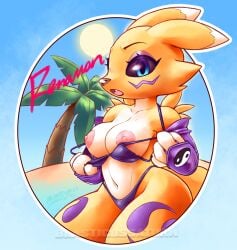 anthro armwear bandai_namco beach bikini blasticussaturn canid canine clothing clothing_pull countershading dark_sclera digimon digimon_(species) elbow_gloves female flashing flashing_breasts fox fur gloves handwear hi_res looking_at_viewer mammal markings nipples open_mouth palm_tree plant renamon signature solo sun swimwear text tree two-piece_swimsuit yellow_body yellow_fur