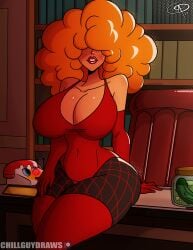 1girls afro alternate_costume alternate_version_available armwear big_breasts big_hair breasts cleavage cosplay elbow_gloves female female_only fishnet_legwear fishnets frostbiteboi gloves hair hair_over_eyes hips huge_breasts legwear leotard lips lipstick mature mature_female mature_woman orange_hair phone powerpuff_girls red_gloves red_leotard red_lips red_lipstick red_thighhighs sara_bellum sedusa_(cosplay) solo solo_female thick_lips thick_thighs thighhighs thighs wide_hips