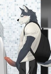 anthro backpack black_nose blue_eyes blush blush_lines bodily_fluids bottomwear canid canine canis clothing domestic_dog duo erection genitals hi_res humanoid_genitalia husky kemono looking_at_another male male/male mammal nagick_18 nordic_sled_dog pants penis pointy_ears shirt side_eye solo_focus spitz sweat sweatdrop t-shirt throbbing throbbing_penis topwear urinal urinal_peeking
