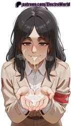 1girls 2025 ai_generated artist_name attack_on_titan belt black_hair blush cum cum_in_mouth cum_on_body cum_on_hands cupping_hands electroworld facial female hi_res high_quality high_resolution highres patreon patreon_username pieck_finger shingeki_no_kyojin shirt solo stable_diffusion u.a._school_uniform watermark