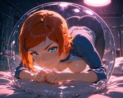 ai_generated ben_10 blue_eyes bubble female green_eyes gwen_tennyson in_bubble nice_ass orange_hair puffy_nipples trapped_in_bubble