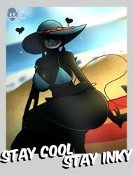 2025 2d 2d_(artwork) 2d_artwork artist_logo artist_name beach beach_background beach_hat beanontoast bendy bendy_and_the_dark_revival bendy_and_the_ink_machine bendy_fem big_breasts black_body blue_bikini breasts demon demon_girl female horns ink_demon tail thick_thighs