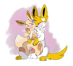 2021 absurd_res accessory animal_genitalia animal_penis balls blush bodily_fluids canine_genitalia canine_penis chair_position clenched_teeth clitoris closed_eyes cum cum_in_pussy cum_inside dipstick_ears dipstick_tail duo ear_markings eevee eeveelution fan_character female feral flower_accessory flower_hair_accessory fluffy from_behind_position fur generation_1_pokemon generation_6_pokemon genital_fluids genitals hair_accessory hairclip happy happy_sex hi_res knot leg_markings looking_at_another looking_back male male/female markings multicolored_ears neck_tuft nikola nintendo one_eye_closed penetration penile penile_penetration penis pink_eyes pokemon pokemon_(species) pussy sex simple_background socks_(marking) strawberryvixen sylveon tail tail_markings teeth tuft vivi_(vivee)