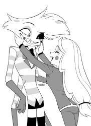 4_arms angel_dust_(hazbin_hotel) anthro arachnid charlie_morningstar_(hazbin_hotel) clothed clothing demon demon_humanoid duo enaic31 female hair hazbin_hotel humanoid male monochrome multi_arm multi_limb simple_background smile spider tagme teeth topwear white_background