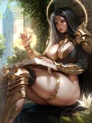 black_hair bra cleavage exposed_breasts large_breasts lerapi magic original_character reading thick_thighs two_tone_hair