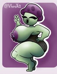 2d 2d_(artwork) 2d_artwork areolae artist_name ass bending bending_down big_ass big_breasts black_dress breasts breasts_bigger_than_head breasts_out closed_eyes functionally_nude fungi_fauna fungi_humanoid fungus huge_breasts large_breasts looking_at_viewer mushroom mushroom_girl mushroom_humanoid nipple_piercing nipples nude original_character peace_sign pierced_nipples piercing piercings purple_headwear purple_nipples simple_background spots thick_ass thick_butt thick_female thick_legs thighs twitter_username v_sign vhrox2