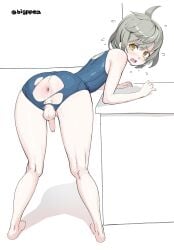 1boy ahoge anus ass bare_shoulders bent_over blush bulge crossdressing embarrassed english_commentary fire_emblem fire_emblem_heroes grey_hair highres leaning_forward leaning_on_table legs_apart looking_at_viewer male_only medium_hair old_school_swimsuit open_mouth otoko_no_ko pea_(vaultboy503) penis perineum rune_(fire_emblem) school_swimsuit shadow sidelocks signature simple_background sweat swept_bangs swimsuit tearing_up testicles torn_clothes yellow_eyes