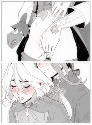 2girls absurdres ascot blush clorinde_(genshin_impact) closed_eyes closed_mouth clothes_pull commentary english_commentary female fingering furina_(genshin_impact) genshin_impact gloves greyscale highres jacket long_hair monochrome multiple_girls open_mouth pants pants_pull paw_(286456) pussy pussy_juice reach-around short_hair spot_color vaginal_penetration yuri
