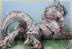 animal_genitalia animal_pussy anus blue_claws blue_eyes blue_horn canine_genitalia canine_pussy claws collar dragon felkin female feral fur furred_dragon furred_scalie genitals grass grey_body grey_fur horn mythological_creature mythological_scalie mythology nipples pawpads pink_anus pink_nipples pink_pawpads pink_pussy plant pussy scalie solo teats white_body white_fur zweikopfeinhorn