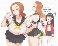 2025 3girls amagi_yukiko ass_cleavage big_breasts breasts dialogue english_text hi_res high_resolution highres inkuusan kashiwagi_noriko large_breasts mature mature_female persona persona_4 satonaka_chie school_uniform slutty_clothes tagme teacher teacher_and_student text