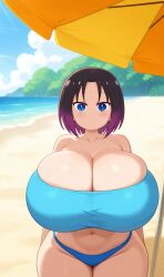 ai_generated beach bikini black_hair blue_eyes curvy elma_(dragon_maid) gigantic_breasts huge_breasts miss_kobayashi's_dragon_maid thick_thighs two_tone_hair