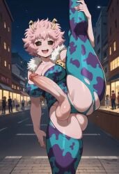 1futa ai_generated balls big_breasts black_eyes boku_no_hero_academia breasts erect_dick futanari futaqueens horns leg_grab leg_up my_hero_academia panties pink_hair public ripped_clothing short_hair