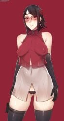 1girls aged_up alternate_hair_length areolae armwear ass ass_visible_through_thighs bare_shoulders bare_thighs belly_button bimbo black_gloves black_hair black_legwear black_panties black_thighhighs black_underwear blush bob_cut boruto:_naruto_next_generations breasts butt cameltoe choker clothed clothing crop_top ear_piercing earrings elbow_gloves erect_nipples erect_nipples_under_clothes female female_focus female_only forehead_protector headband hi_res high_resolution highres jacket jewelry kairos+ large_areolae legwear light-skinned_female light_skin lips lipstick long_gloves looking_at_viewer makeup medium_breasts medium_hair miniskirt naruto naruto_(series) nipple_bulge nose_blush pale-skinned_female pale_skin panties perky_breasts pink_lips pink_lipstick pinup pose posing red_eyes sarada_uchiha sharingan shonen_jump short_skirt shoulder_length_hair shounen_jump shueisha skimpy skimpy_clothes skirt sleeveless_shirt solo solo_female solo_focus standing sweat sweatdrop sweating teen teen_girl teenage_girl teenager thighhighs thighs tight_clothing tramp_stamp uchiha_sarada underwear very_high_resolution weekly_shonen_jump weekly_shounen_jump