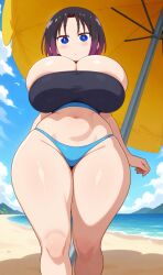 ai_generated beach bikini black_hair blue_eyes curvy elma_(dragon_maid) gigantic_breasts huge_breasts miss_kobayashi's_dragon_maid thick_thighs two_tone_hair