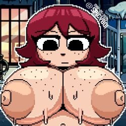 2025 breasts breasts_out brunette_hair dated huge_areolae huge_breasts kim_pine nipples nude nude_female pixel_(artwork) pixel_art scott_pilgrim spicyboi tagme watermark
