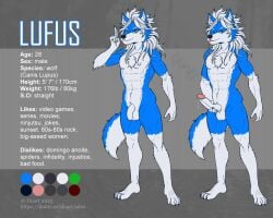 2025 5_fingers anthro athletic athletic_anthro athletic_male balls blue_body blue_fur bodily_fluids canid canine canis clothing color_swatch digital_drawing_(artwork) digital_media_(artwork) duartthebirdman english_text erection fingers flaccid fluffy fluffy_chest foreskin fur genital_fluids genitals green_eyes grey_clothing hair hand_on_penis hi_res holding_penis humanoid humanoid_genitalia humanoid_hands long_hair looking_at_viewer lufus_the_wolf male mammal model_sheet ninja ninja_outfit ninja_suit nude penis precum red_scarf scarf simple_background smile solo tail text tongue url warrior white_body white_fur white_hair wolf