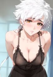 ai_generated axiah big_breasts black_legwear bleach breasts female kotetsu_isane short_hair white_hair white_skin