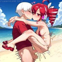 1boy 1girls ai_generated beach bikini from_side funnygrifter headset kasane_teto lifting looking_at_viewer nail_polish red_eyes red_hair sandals sex short_hair sweat tattoo twintails vaginal_penetration vocaloid white_hair