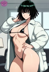 1girl ai_generated areola_slip ass bikini bikini_thong black_bikini black_micro_bikini black_thong breasts coat couch fanart female female_focus female_only fubuki_(one-punch_man) fur_coat green_eyes green_hair hand_on_hip indoors jorgecarlosai living_room looking_at_viewer micro_bikini micro_bikini_top microbikini navel one-punch_man posing sexy sexy_body sexy_female sexy_pose side_view standing thighs thong toned watermark white_coat window