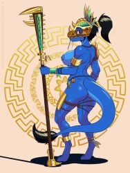 5_fingers anklet anthro areola asian_mythology ass big_breasts big_butt black_hair blue_body blue_scales bottomwear bracelet breasts clothing curvy_figure digital_media_(artwork) dragon dragon_tail duartthebirdman east_asian_mythology eastern_dragon feathers female fingers gold_(metal) gold_anklet gold_armlet gold_bracelet gold_helmet gold_jewelry gold_plate gold_weapon hair hi_res humanoid jewelry mammal mythological_creature mythological_scalie mythology nipples nude red_eyes scales scalie sek-raktaa simple_background solo tail text thick_thighs topwear tribal url warhammer_(franchise) warhammer_fantasy warrior weapon