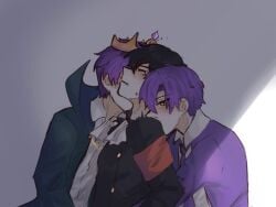 3boys black_hair black_shirt blush closed_eyes clothed clothing collared_shirt crown gay jaki kissing_neck lhms male male_only no_visible_genitalia purple_hair purple_shirt shaking simple_background sweat sweatdrop tears tie tsbd violet(lhms) violet_tc