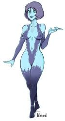 1girl artist_name b-intend barefoot blue_eyes blue_skin bodypaint breasts colored_nipples colored_skin cortana full_body halo_(series) medium_breasts navel nipples nude purple_hair pussy short_hair simple_background smile solo white_background